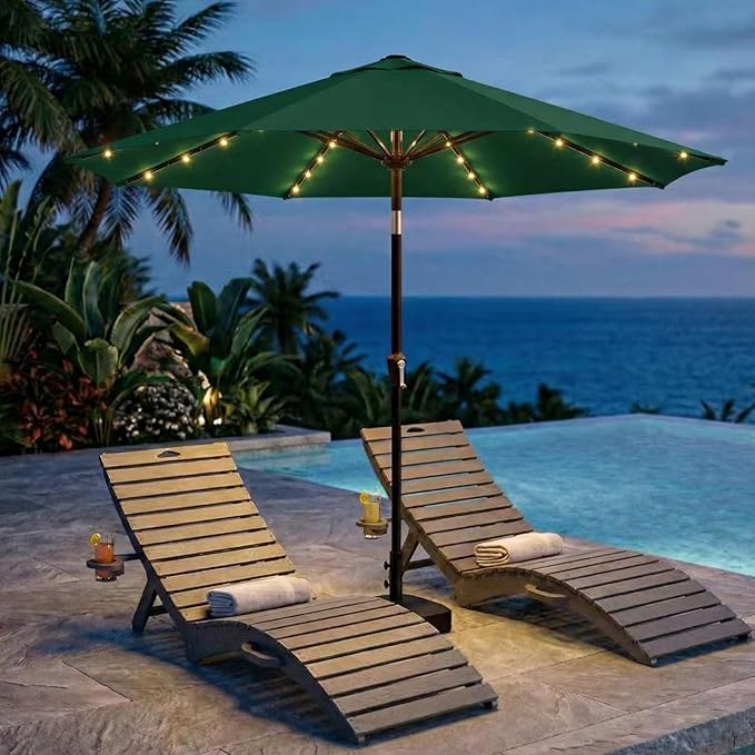 Kingdura 9FT Outdoor Patio Umbrella with Solar Lights, Market Table Umbrella with Push Button Tilt & Crank, 8 Sturdy Ribs, 32 LED Lights, UV Protection for Garden Lawn Deck Backyard Pool (Dark green)