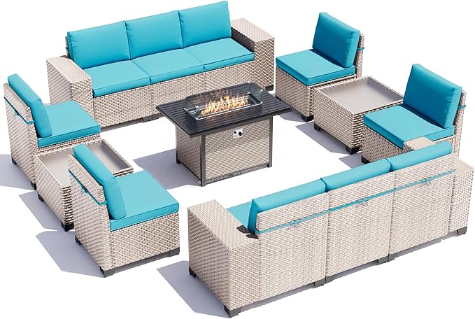 13 Pieces Patio Furniture Set with Fire Pit Table, Outdoor Sectional Wicker Sofa with Thickened Cushions and Coffee Table, High Back Rattan Patio Conversation Sets, Cyan
