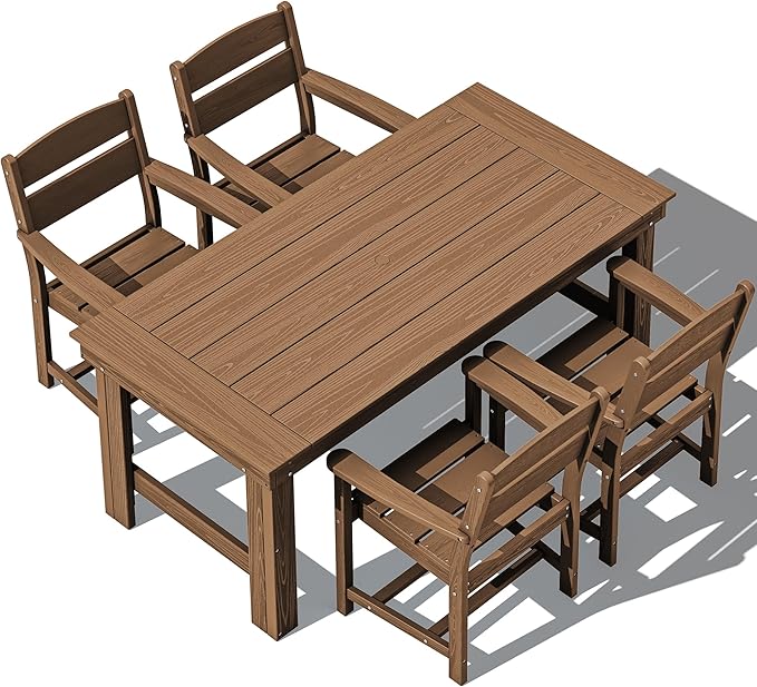 SERWALL Outdoor Dining Table Set, 67‘’ HDPE Patio Dining Set for 4, All-Weather Outdoor Table and Chairs Set for Deck, Brown