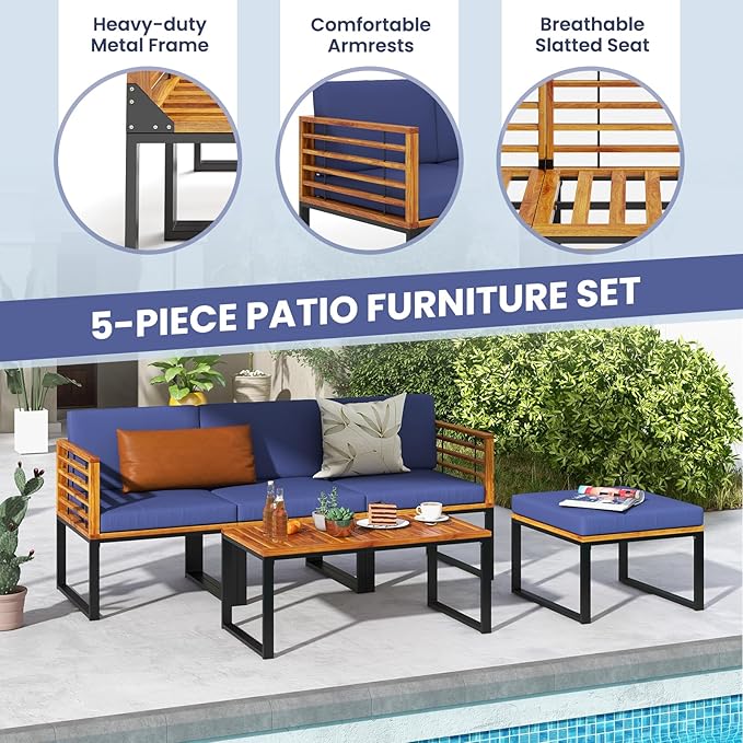 Tangkula 5 Pieces Patio Conversation Set, Acacia Wood Chair Set with Ottoman & Coffee Table, Comfy Seat & Back Cushions, Outdoor Wood Furniture Set for Backyard, Poolside, Garden