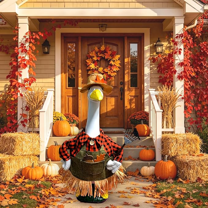Fall Scarecrow Porch Goose Outfit – 3Pcs Harvest Farmer Costume with Straw Hat, Plaid Shirt Apron & Pitchfork Prop for 23'' Lawn Goose Statue, Outdoor Patio Yard Autumn Thanksgiving Halloween Decor