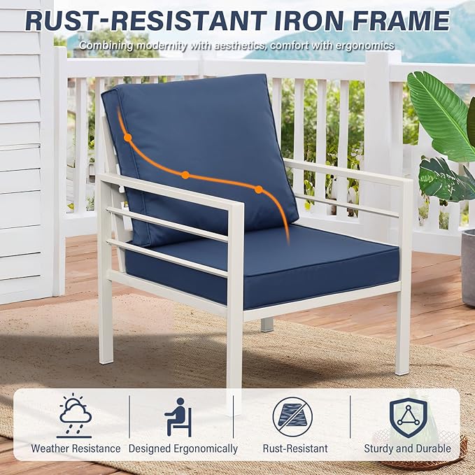 Patio Furniture Set 4 Pieces Outdoor Furniture White Metal Frame Patio Couch Outdoor Chairs Glass Coffee Table with No-Slip Cushions and Waterproof Covers, Navy Blue