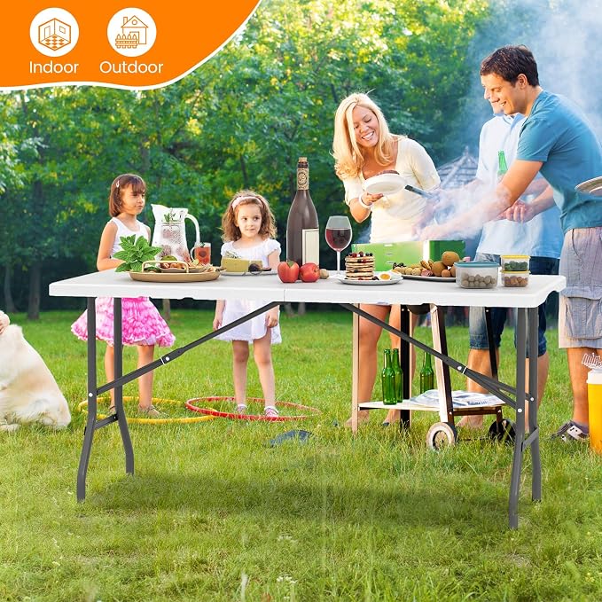 Giantex 5 FT Folding Table, HDPE Foldable Dining Table for 6, Indoor Outdoor Use for Party Banquet Wedding Picnic Camping BBQ, Fold-in-Half Portable Space Saving Design (White)