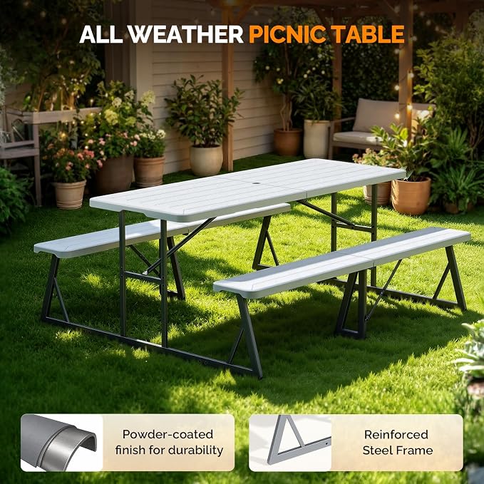 VINGLI Outdoor Picnic Table with Umbrella Hole, 6FT All Weather Metal Frame HDPE Tabletop Plastic Picnic Table for Dining Party Garden(White)