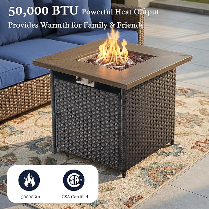 Wicker Patio Conversation Furniture Set All Weather Outdoor Furniture Set with Swivel Rocker Chairs and Fire Pit Table, High Back, 4 Inch Thick Cushions – Brown Wicker/Red Cushion, 5 PCS