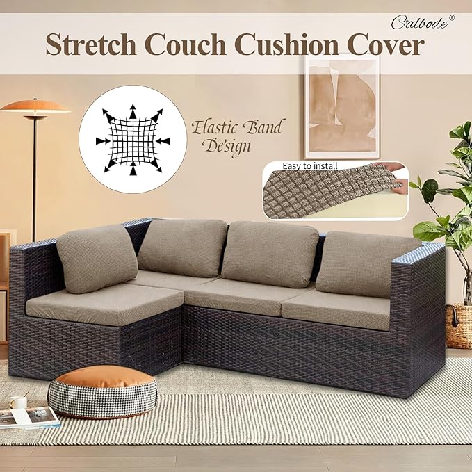 CALBODE 12Pcs Outdoor Stretch Cushion Covers,Waterproof Outdoor Chair Cushion Covers for Patio Furniture, Washable Jacquard Couch Covers Replacement for Patio Furniture(Khaki, Cover Only)