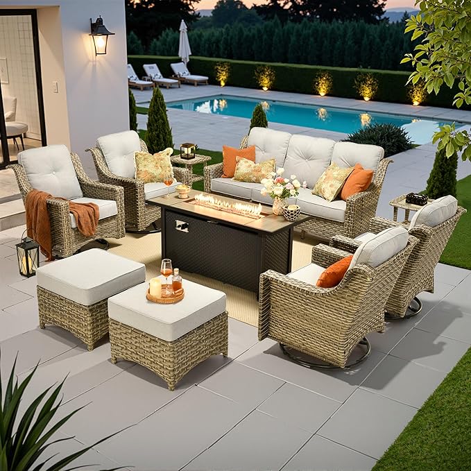10 PCS Outdoor Patio Furniture Sets, Patio Conversation Sets Outside Rattan Soft Cushion Sofa with 4 Wicker Rocking Chairs & 54 in Fire Pit Table Fit Backyard Porch Garden Poolside Balcony,Light Grey