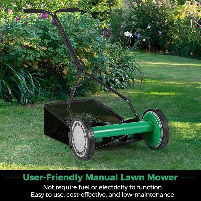 Push Lawn Mower, 14" Manual Rear Mower with 5 Steel Blades, Adjustable Cutting Heights & Grass Catcher Bag, Walk-Behind Grass Cutter Lawn Sweeper for Garden, Park & Yard (Green)