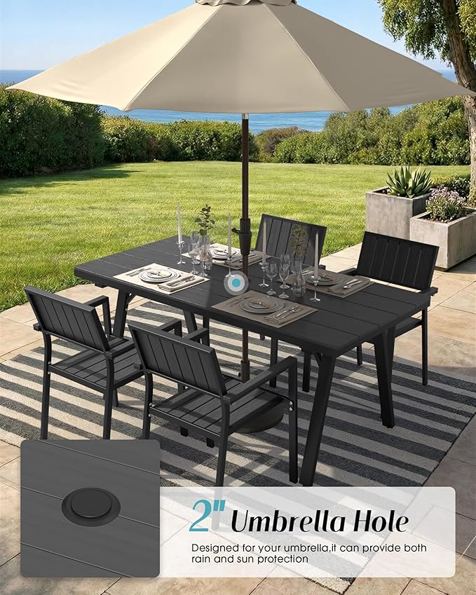 Ciokea Aluminum Outdoor Dining Sets for 4, Patio Table and Stackable Chairs Set with Umbrella Hole, All-Weather HDPS Durable Furniture for Backyard, Poolside, Lawn & Garden | 5-Piece, Grey