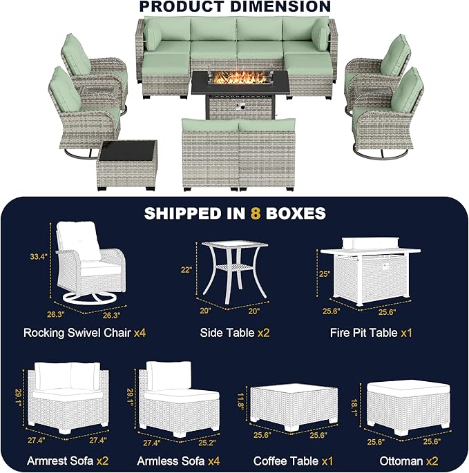 16-Piece Outdoor Patio Furniture Set with Rocking Swivel Chair, Wicker Rattan Sectional Sofa Conversation Set with 55,000 BTU Fire Pit Table with Ottomans, Backyard Furniture, Light Green