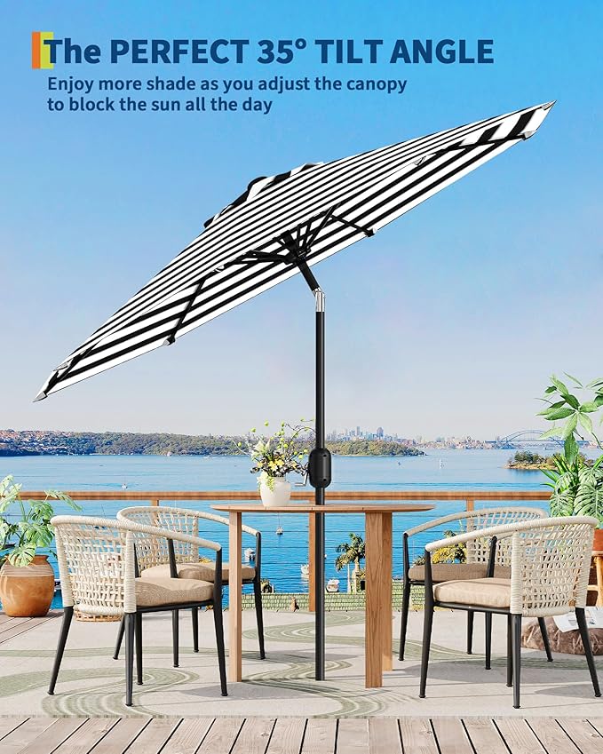 GarveeLife 9 ft Outdoor Patio Umbrella, Table Market Umbrella With Push Button Tilt and Crank, 8 Sturdy Ribs UV Protection Waterproof for Garden, Deck, Backyard, Pool (Black-and-white striped)