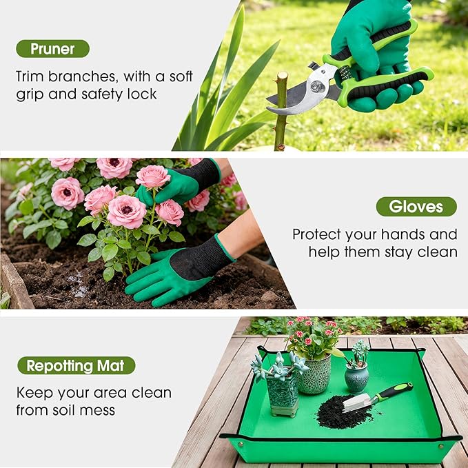 WOWBOX Garden Tools Set - 10 PCS, Heavy Duty Gardening Hand Tools Kit with Storage Tote, Rust-Resistant Gardening Supplies for Planting with Non-Slip Ergonomic Handle for Women and Men (Green)