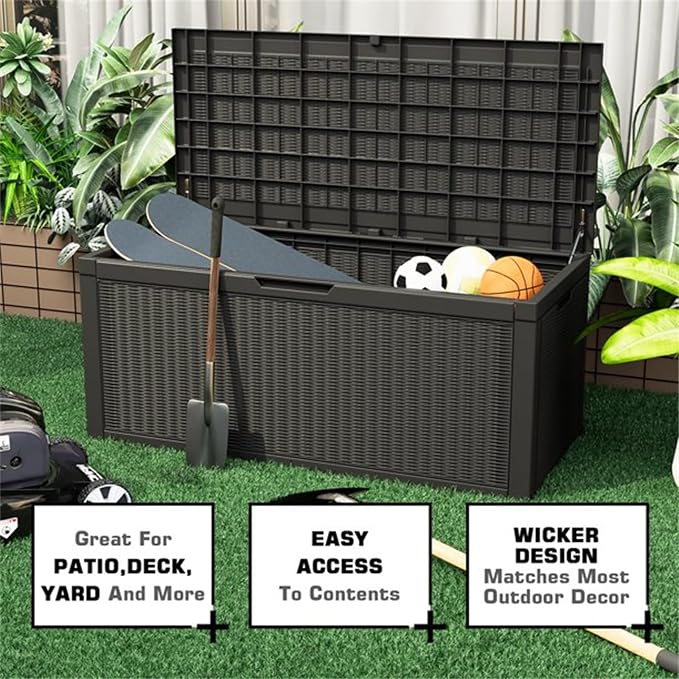 100 Gallon Resin Deck Box for Outdoor, All-Weather Deck Boxes, Extra Seating Benches, Indoor Outdoor Storage Housing Lockable Storage Container Box, 47.83 L x 21.46 W x 24.21 H inches, Black
