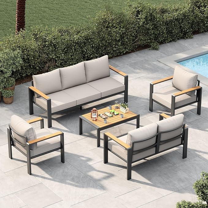 Garvee Aluminum Patio Furniture Set 7 Seats, Generous Outdoor Sectional with Washable Thick Cushions and Coffee Table, Patio Conversation Sets for Porch, Balcony, Deck, Yard