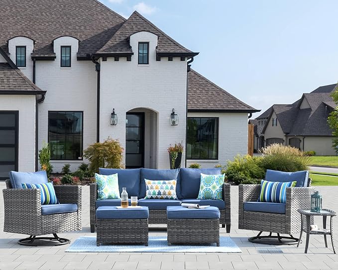 HOOOWOOO Wicker Patio Conversation Sets,6 Piece Outdoor Furniture Set with Swivel Rocking Chairs,All Weather Resistant Modern Outside Out Door Rattan Couch Chairs Side Table Set,Denim Blue