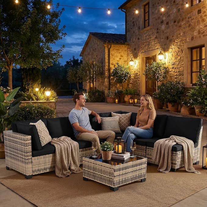 7 Piece Outdoor Wicker Patio Furniture Set, Rattan Sectional Sofa Conversation Set with Coffee Table & Cushions, for Poolside Backyard Garden Porch, Brown Wicker/Black Cushion