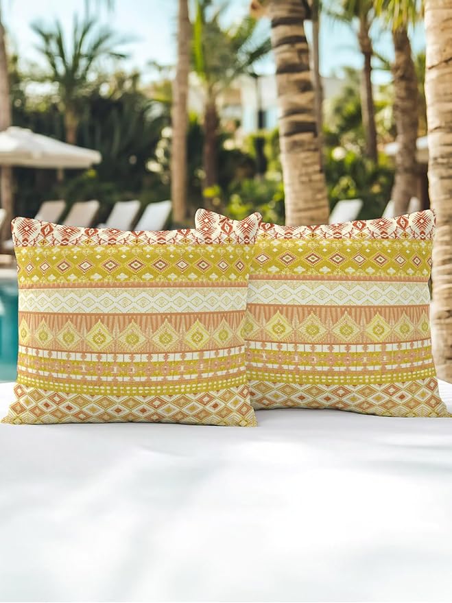 Waterproof Outdoor Pillow Set of 2 Yellow Bohemian Decorative Throw Pillows Cover & Insert 18x18 Inch Pillowcase Boho Style Floral Leaves Geometric Pillows for Couch Sofa Bed Patio Furniture