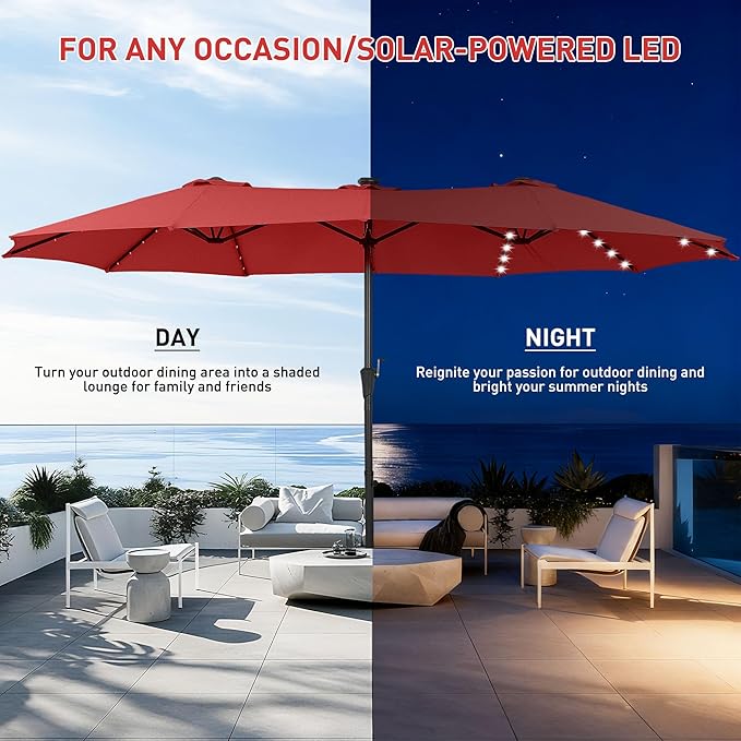 15 ft Patio Umbrella with 48 LED Lights, Large Rectangle Outdoor Solar Umbrella with Matching Base, Strap, Crank, Red
