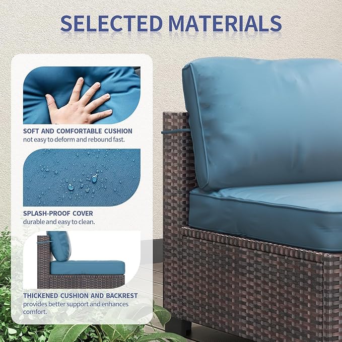 GarveeHome 7 Piece Patio Furniture Set, PE Rattan Wicker Sectional Sofa Set with Cushions & Glass Top Coffee Table, Outdoor Conversation Furniture for Garden, Balcony, Porch, Backyard