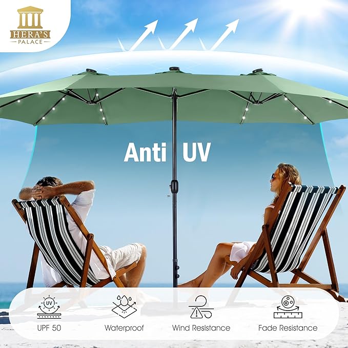 HERA'S PALACE 15ft Patio Umbrella with Base Included Double Sided Outdoor Umbrella for Patio Table Umbrella Outdoor 36 LED Solar Lights for Garden