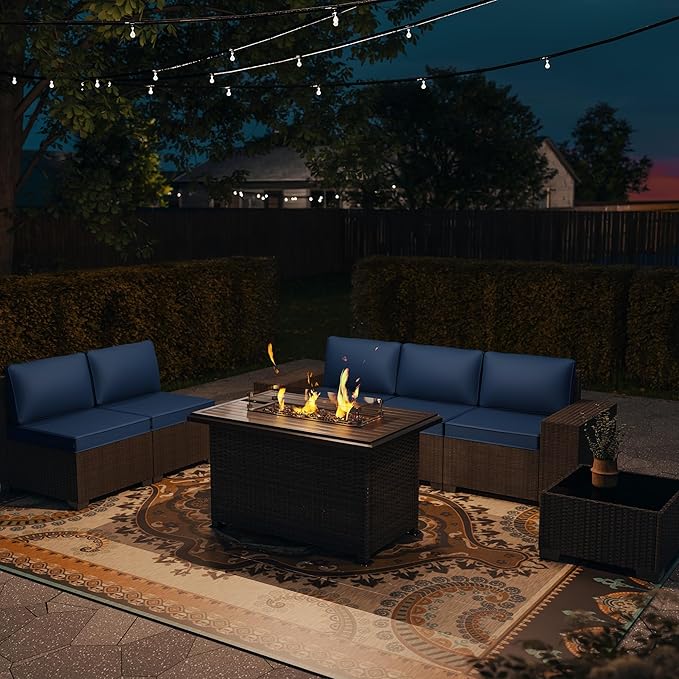 7 PCS Outdoor Patio Furniture Set,Outdoor Sectional Furniture with 43" 55000 BTU Gas Propane Fire Pit Table,All Weather PE Rattan Wicker Patio Conversation Set,Navy Blue