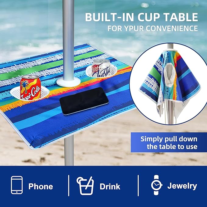 AMMSUN Beach Umbrella with Sand Anchor & Table Tray, Portable Heavy Duty Beach Umbrellas, 6.5ft Sun Outdoor Umbrella, UV 50+ Protection, Carry Bag for Beach, Patio, Pool and Garden, Stripes