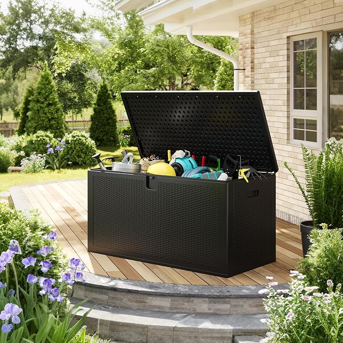 Takywep 150 Gallon Resin Outdoor Deck Storage Box, Weather Resistant Patio Storage Bin with Lockable Hinged Lid, Built-in Side Handles, Weight Bearing Bench Seat for Garden Pool Porch Supplies, Black