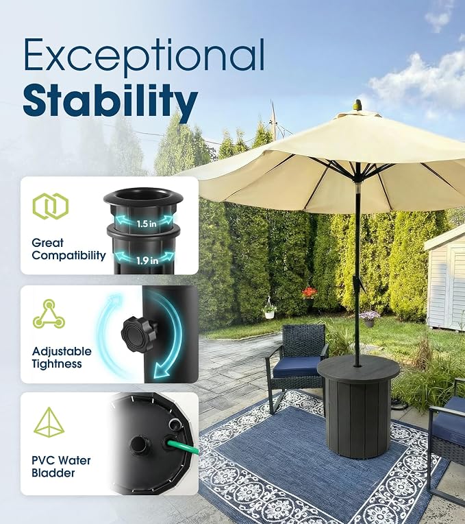 wikiwiki 2-in-1 70Lbs Patio Umbrella Base & Outdoor Side Table with Hole, HDPE Woodgrain Small Outdoor Table Fits 1.5-1.9in Pole for Patio, Deck, Poolside & Garden Use, Dark Black