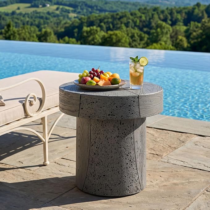 COSIEST MgO Concrete Round Side Table, 19.8 Inch Outdoor Patio End Accent Table Modern Coffee Table for Garden Balcony Backyard, Gray, 1 Pack