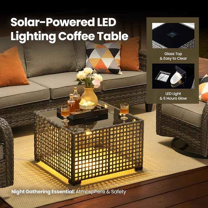 8 Piece Wicker Patio Furniture Set with Solar Table, Dark Gray | Outdoor Deep Seating Sofa Chair Ottoman, Solar Lights Table, All Weather Rattan, Modern Conversation Set, Porch Deck Backyard