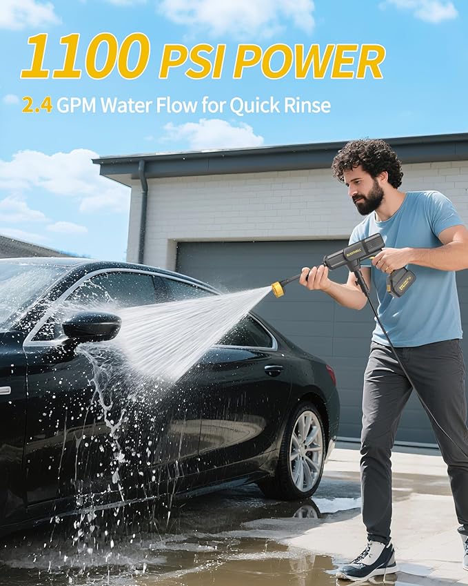 Cordless Portable Washer, 1100 PSI Battery Operated Washer with All-Copper Motor, Battery, 23FT Elastic Hose, Storage Bag; Handheld Washer; Lightweight Car Washer for Home, Garden (Tough Yellow)