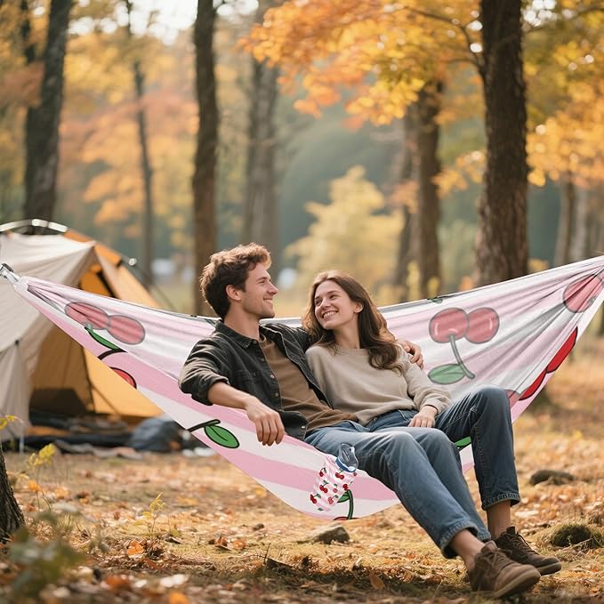 Pink White Striped Fruit Cherry 330lb Capacity Outdoor Hammocks with Hanging Rope Fabric Hammock for Outside Camping Essentials hamacas para adultos