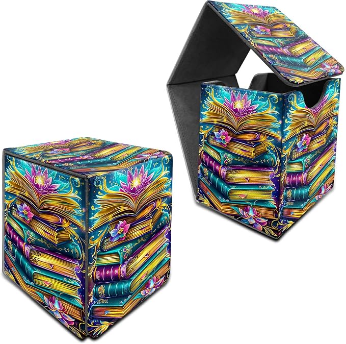 Deck Box for MTG, Cards Storage Box Fits 120+ Sleeved, Leather Medium Size Strong Magnetic Closing Card Case for Board Games Magic TCG CCG Baseball Collection, Book Lotus Flower