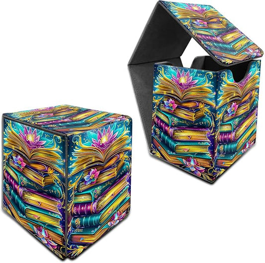 Deck Box for MTG, Cards Storage Box Fits 120+ Sleeved, Leather Medium Size Strong Magnetic Closing Card Case for Board Games Magic TCG CCG Baseball Collection, Book Lotus Flower