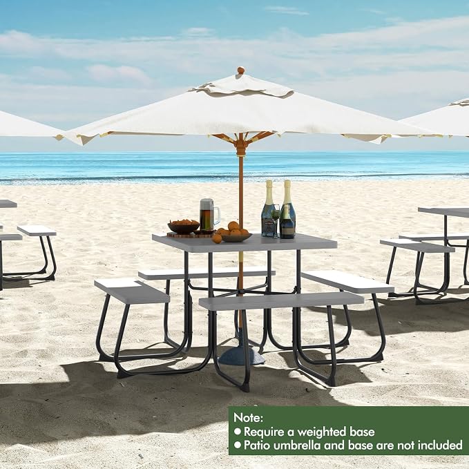 Square Picnic Table for 8 Person, Outside Table Bench Set w/ 4 Built-in Benches, Umbrella Hole, HDPE Top & Metal Frame, 2000LBS Capacity Outdoor Picnic Table for Garden, Porch, Patio (Grey)