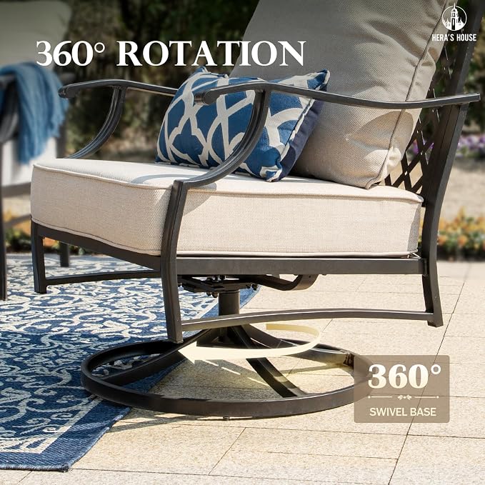 HERA'S HOUSE 4 Pieces Patio Furniture Set with Fire Pit Table, 2 x Swivel Cushioned Chair, 3-Seat Sofa with 45" Fire Pit Table, Outdoor Conversation Set for Garden, Poolside, Backyard