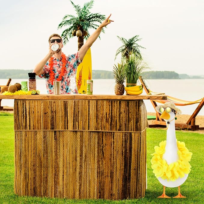 Shyyween Summer Porch Goose Outfits for Plastic Goose 23/17'' Hawaiian Lawn Patio Statue Clothes Straw Hat and Hawaiian Lei Costume(Yellow)