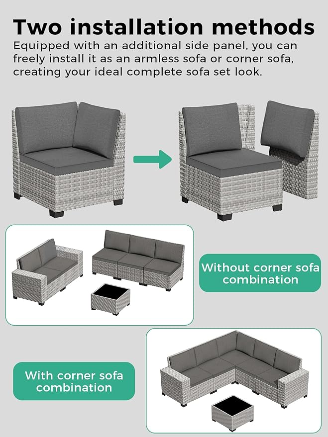 7 Piece Outdoor Wicker Rattan Sectional Sofa Set with Fire Pit Table, 5-Seats Conversation Set with 4" Thickened Cushions & Coffee Table, All-Weather PE Rattan for Garden, Backyard, Porch, Black