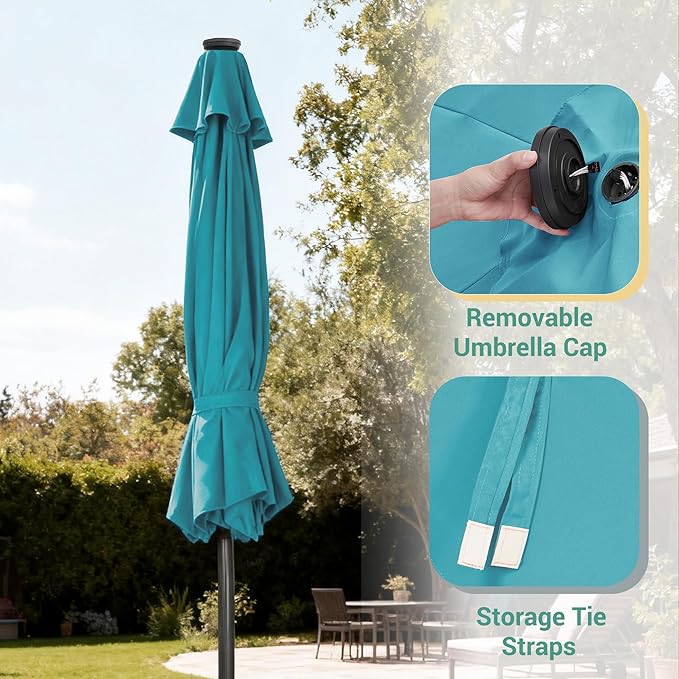 9ft Patio Umbrella Outdoor with Solar Lights,32 LED Lighted Table Market Umbrella with Tilt and Crank, 2-Year-Non-Fading, 8 Sturdy Ribs,for Pool, Deck, Garden,Backyard