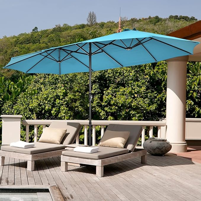 Tangkula 15FT Double-Sided Patio Umbrella, Outdoor Ultra-Large Twin Market Garden Umbrella W/Hand-Crank & Enhanced Base, for Residential & Commercial Use (Turquoise)