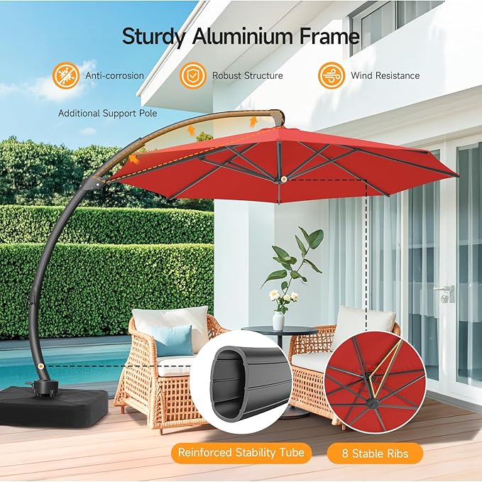 11 FT Outdoor Patio Umbrella with Base, Aluminium Curved Cantilever Umbrella, Large Round Hanging Offset Umbrella with Unlimited Position Adjustment and 360°Rotation for Market Garden Pool, Red