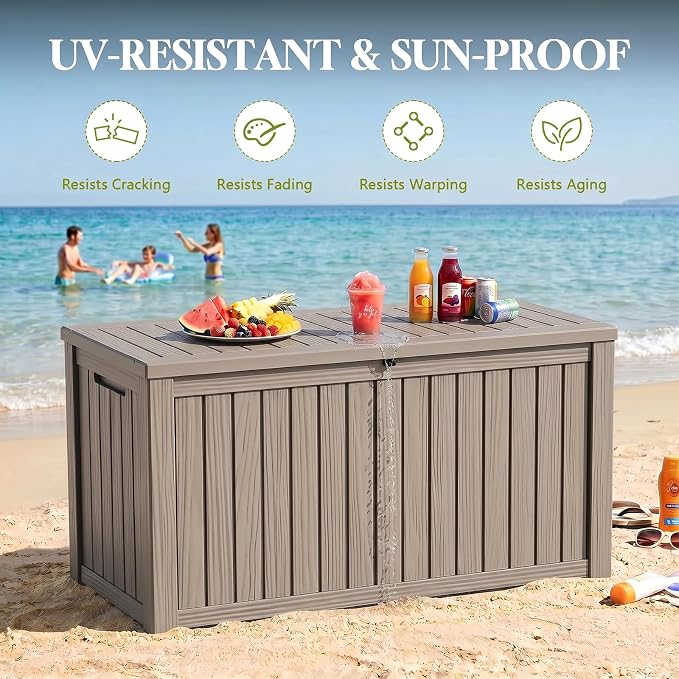 Waterproof Outdoor Storage Box Outside Deck Box Lockable Resin Bench UV Resistant Furniture Cushion Pool Tool Float Bin Patio Garden Porch (Grey, 150 Gallon)