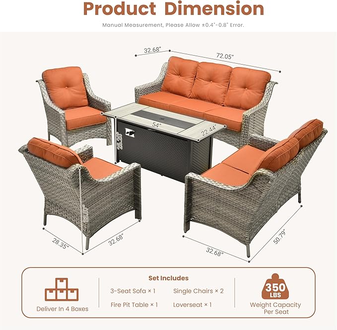 HOOOWOOO Patio Furniture Set,5 Pieces Wicker Outdoor Furniture,High Back Conversation Set with All Weather Resistant Fire Pit Table Couch Loveseat Chairs,Red