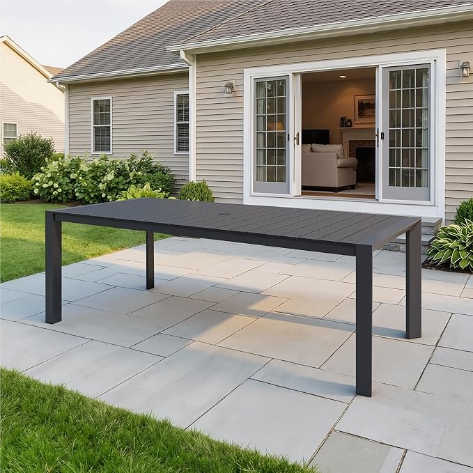 Crestlive Outdoor Dining Table for 8, Patio Table with Umbrella Hole, Aluminum Frame & WPC Wood-Like Tabletop Ideal for Garden, Backyard, and Indoor
