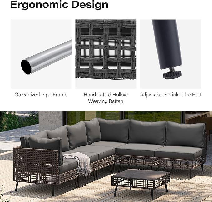 LAUSAINT HOME 7 Pieces Outdoor Sectional Sofa Set, All-Weather PE Wicker Rattan Patio Conversation Set with Thick Cushions & Coffee Table, Patio Furniture Set for Garden, Backyard, Porch (Gray)
