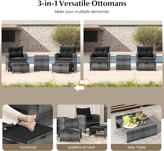 Tangkula 5 Pieces Patio Conversation Set, PE Wicker Rattan Outdoor Furniture Set with 2 Chairs, 2 Ottomans & Tempered Glass Coffee Table, Ideal for Poolside, Backyard, Lawn, Deck, Mix Grey & Black