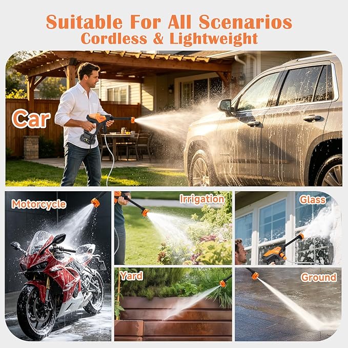 Cordless Portable Washer Battery Powered, 6 in 1 Nozzle Handheld Washer with Tap Connector, 2 Batteries, 800PSI Lightweight Car Washer with 16ft(5m) Hose for Home & Outdoor Patio Garden