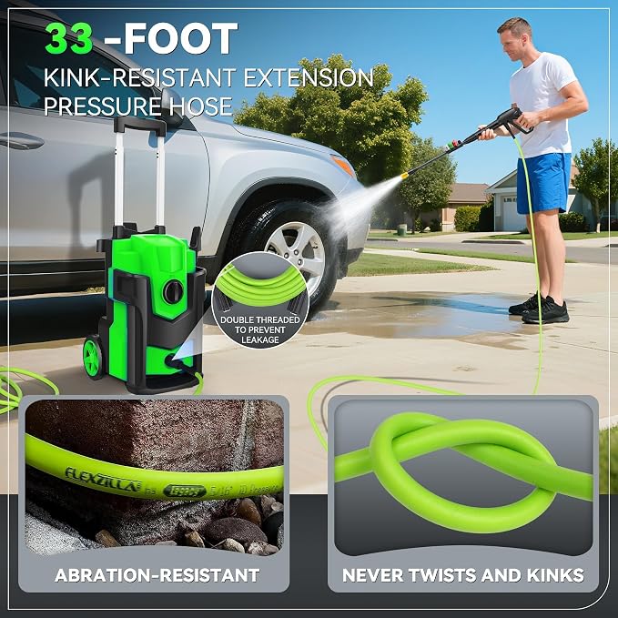 Electric Pressure Washer 5000PSI, Heavy Duty Power Washer Electric Powered, with 4 Nozzles,Foam Cannon,33FT Hose and 500ml Soap Bottle,Car Wash Machine/Car/Driveway/Patio Clean,Green
