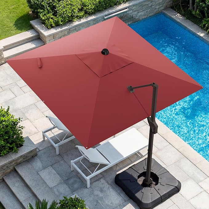 GENTEACO 10X10 FT Cantilever Umbrella, Large Offset Patio Umbrella with 6 Angle Tilts & 360° Rotation, Large Square Sun Umbrellas for Outdoor Patio Pool Deck Market, Red