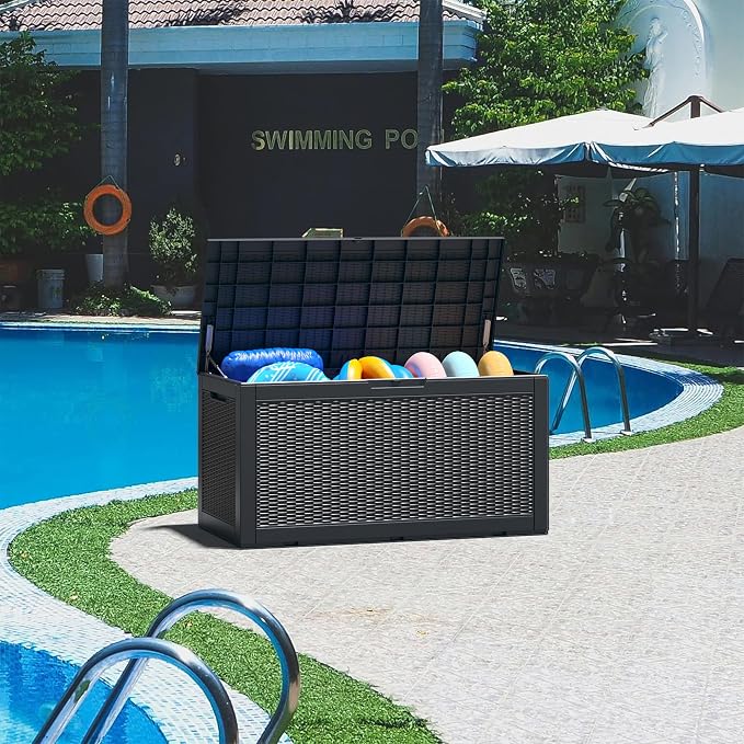 NUNU LAB 100 Gallon Large Waterproof Resin Deck Box, Lockable Outdoor Storage Box with Gas Lift, Patio Cushions, Garden Tools, Pool Supplies, Indoor Outdoor Storage Container, Black